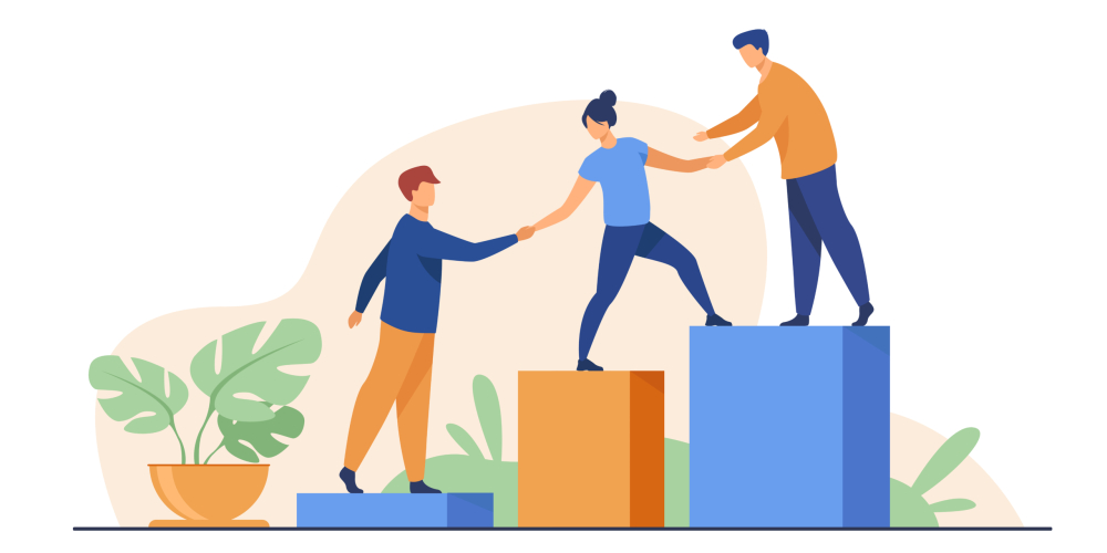 Employees giving hands and helping colleagues to walk upstairs. Team giving support, growing together. Vector illustration for teamwork, mentorship, cooperation concept