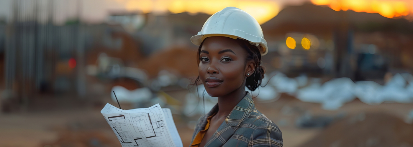 A powerful woman architect of African descent wearing a white construction helmet and a formal suit, intently reviewing a blueprint at a construction site. The scene is captured in a realistic, analog-style photograph with sunset sun flares, showcasing maximum detail in an advertising format --ar 3:2 --stylize 1000 Job ID: 7c2a8e46-0776-4ad5-82ba-2e27e156c435