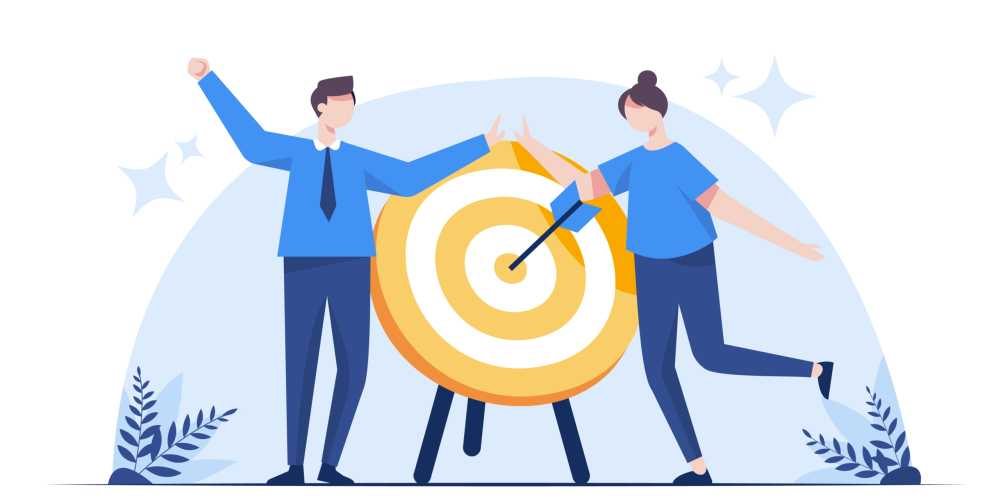 Business target achievement concept. The young businessman is happy that the business is as successful as an arrow that shoots accurately into the center of the target. Vector illustration.