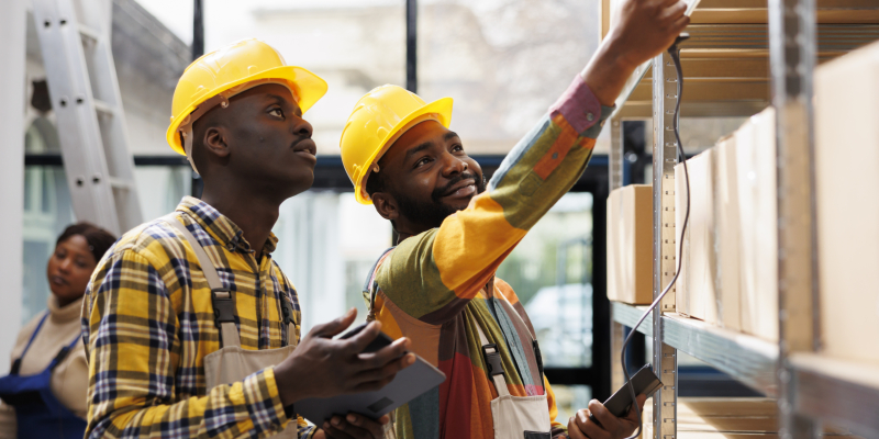 Warehouse smiling colleagues scanning cardboard box barcode and chatting. Two african american post office storehouse workers inspecting customer parcels using scanner tool and tablet